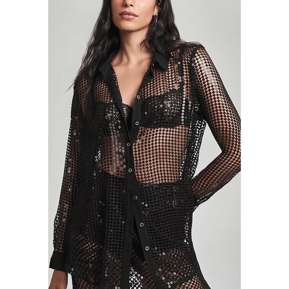 Anthropologie Pilcro Black Sequin Sheer Mesh Button Down Shirt Women's Small